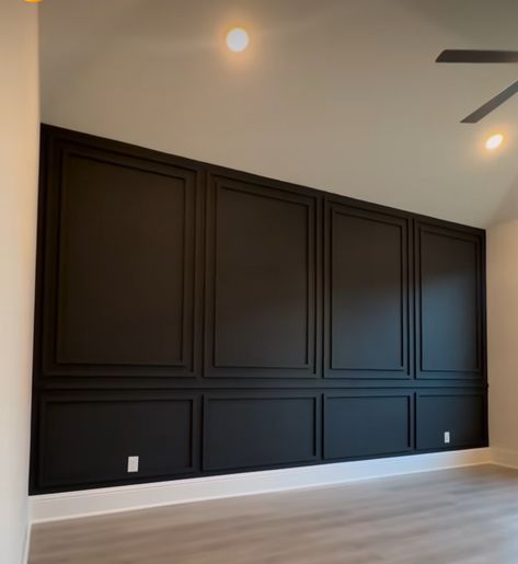 Black Wainscoting White Trim, Wall Molding Black, Black Walls White Doors, Black Wall Wainscoting, Paint Paneling Walls Black, Black Painted Wood Paneling, Paneling On Vaulted Ceiling, Black Wood Paneling Half Wall, Black Accent Wall Ideas Living Rooms