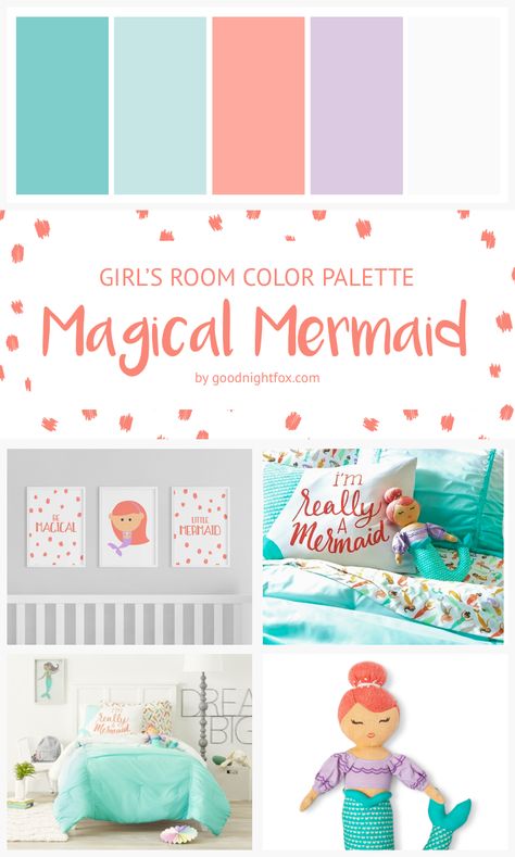 Girl's Room Magical Mermaid Color Palette — Goodnight Fox Little Mermaid Bedroom, Mermaid Themed Bedroom, Room Color Palette, Mermaid Decor Bedroom, Mermaid Room Decor, Purple Girls Room, Girls Room Colors, Mermaid Bedding, Bedroom Theme