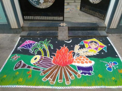 Pongal Theme Rangoli, Happy Bhogi Rangoli Designs, Rangoli Designs Latest For Sankranti, Rangoli For Bhogi, Boghi Festival Rangoli, Best Rangoli Designs For Sankranthi, Rangoli Designs For Bhogi, Sankranti Rangoli Designs Latest, Bhogi Rangoli Designs Latest