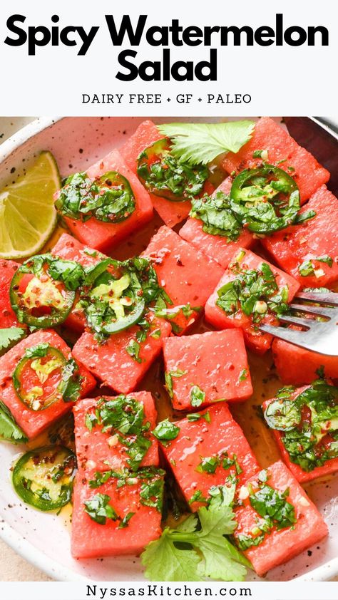 This spicy watermelon salad with cilantro and lime is a real crowd-pleasing delight during the warm summer months! It's spicy, sweet, and draped in a bright and citrusy dressing for the ultimate watermelon salad experience. Refreshing and FULL of summer flavor! GF, dairy free, vegetarian, paleo, vegan option, Whole30 option. Spicy Watermelon, Paleo Vegetarian, Yummy Salads, Watermelon Salad, Summer Eating, Watermelon Recipes, Paleo Vegan, Vegetarian Paleo, Summer Food