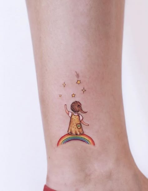 70 Best Unique And Minimal Colorful Tattoos - TheTatt Mini Coloured Tattoos, Minimal Color Tattoo, Rainbow Baby Tattoo Ideas, Rainbow Tattoo Ideas Unique, Somewhere Over The Rainbow Tattoo, Rainbow Baby Tattoo, Flower Neck Tattoo, Small Colorful Tattoos, Rainbow Tattoo