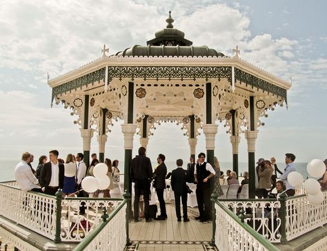 Brighton Bandstand as people start to arrive for the wedding. Brighton Wedding, White Gazebo, Romantic Couple Kissing, 1920s Wedding, Garden Gazebo, Wedding Reception Venues, Pergola Plans, Inspiring Images, Wedding Shots