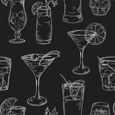 Free Vector | Free vector cocktails hand drawn collection Cocktail Illustration, Hand Drawn Elements, Cocktail Glass, Premium Vector, Seamless Pattern, Graphic Resources, Seamless Patterns, White Background, Hand Drawn