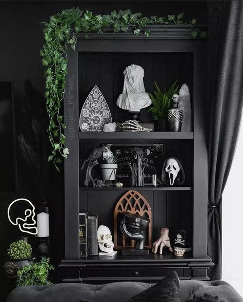 Gothic Bookshelf Decor, Wednesday Bedroom, Gothic Home Decor Modern, Gothic Bookshelf, Gothic Bookshelves, Gothic Shelf, Gothic Cottage, Built In Shelves Living Room, Small Apartment Interior