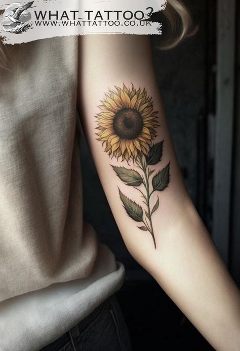 Minimal Sunflower Tattoo on Woman’s Arm Sunflower Arm Tattoos For Women, Sunflower Elbow Tattoo, Minimal Sunflower Tattoo, Sunflower Tattoo Arm, Tattoo Ideas Minimal, Underarm Tattoo, Elbow Tattoo, Elbow Tattoos, Sunflower Tattoos