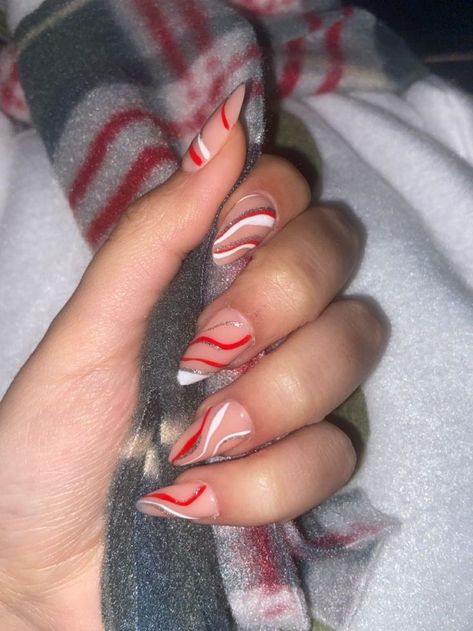 Red With White Design Nails, White Silver And Red Nails, Red Line Nail Designs, Red And Silver Gel Nails, Red And White Swirl Nails, Red And White Nails Acrylic, Red White And Silver Nails, Silver And Red Nails, Red And Silver Nail Designs