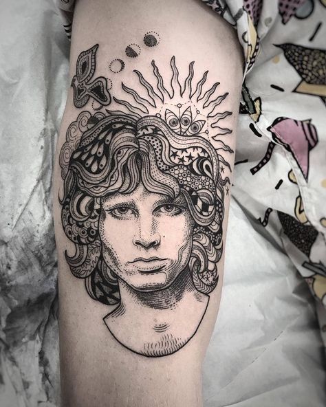 Jim Morrison • The Doors Tattoo | Tattoo Ideas and Inspiration Jim Morrison Tattoo, Portrait Tattoo Sleeve, Tatu Baby, Places To Get Tattoos, Dibujos Tattoo, Full Sleeve Tattoo Design, Full Sleeve Tattoos, Full Sleeve Tattoo, Music Tattoos