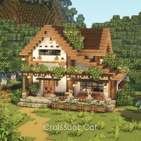 Small Minecraft Cottage, Cute Minecraft Houses Tutorial, Minecraft Layout, Cottagecore Minecraft House, Mc Houses, Minecraft Greenhouse, Minecraft V, Minecraft Tree, Cottagecore Minecraft