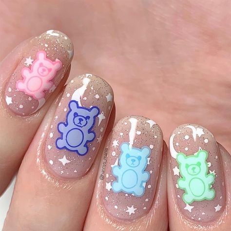 Rainbow bear nails using using my collab stamping plate with @hellomaniology AVAILABLE TOMORROW! 🌈🐻 I used @essie “Gossamer Garments”,… Gummy Bear Nail Art, Gummy Bear Nails, Bear Nails, Girls Nail Designs, Artist Collaboration, Halloween Nails Easy, Bears Nails, Magic Nails, Unicorn Nails