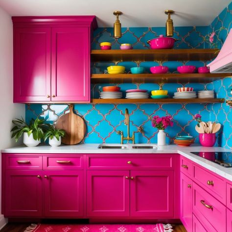 personality. Bright Fun Kitchen Ideas, Magenta Cabinets, Hot Pink Cabinets, Colorful Cabinets Kitchen, Colorful Kitchen Cabinet Ideas, Teal And Pink Kitchen, Bright Kitchen Cabinets, Bright Kitchen Ideas Colorful, Pink And Yellow Kitchen