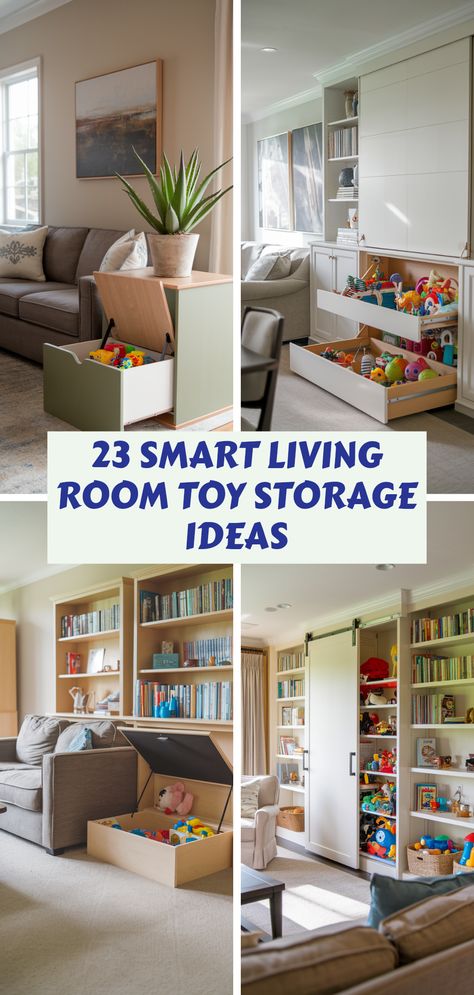 Get inspired by these 4 images showcasing 23 smart living room toy storage ideas. Learn practical ways to organize toys while enhancing your home decor and keeping your space stylish and tidy. Loft Playroom Storage, Organization For Toys In Living Room, Livingroom Toy Storage, Soft Toy Wall Storage, Toy Organizer Living Room, Tv Stand Toy Storage Ideas, Kids Toy Storage Living Room, Living Room With Toy Storage, Living Room Kids Storage