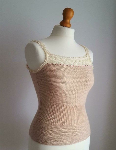 Lace-edged camisole knitting pattern by JENNIE ATKINSON Knitted Bags Pattern, Vintage Knit Patterns, Cottage Core Knitting Patterns, Knit Camisole Pattern, Cotton Knitting Patterns, Camisole Knitting Pattern, Knitted Top Pattern, Victorian Knitting, Cotton Top Patterns