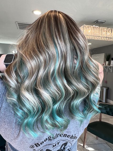 Peekaboo Hair Color Ideas For Blondes, Blonde Highlights With Blue Peekaboo, Aqua Hair Color Highlights, Underneath Hair Color For Blondes, Blonde And Teal Hair Peekaboo, Teal Hair Highlights Blonde, Turquoise Highlights In Blonde Hair, Peekaboo Teal Hair, Brown Hair With Blonde And Blue Highlights