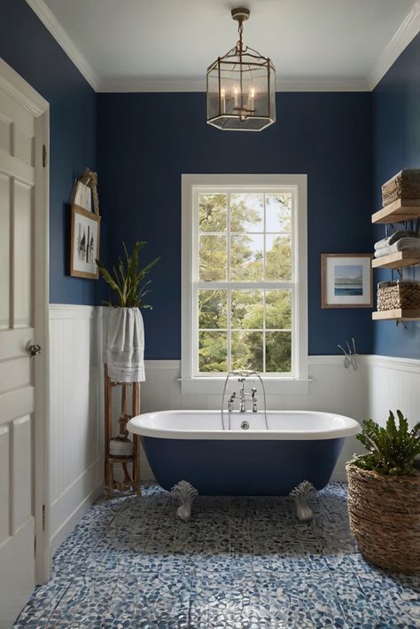 Step into a coastal oasis with a dash of classic elegance. Dive into the daily routine of an interior designer and discover how to transform your bathroom hideaway using the stunning Oxford Blue (2061-10) shade. #Ad #homedecor #homedesign #bathroom #Painthome interiorarchitecture best Wall Colors for Bathroom Colors Bright Room Colors best colors combinations bathroom bathroom Remodeling Modern Paint Colors 2024 Blue Wall Bathroom Decor, White Bathroom Blue Accents, Bathroom Door Color, Blue Paint Bathroom, Blue Wall Bathroom, Craftsman Bathroom Ideas, Bathroom With Clawfoot Tub, Blue Bathroom Paint, Paint Colors 2024