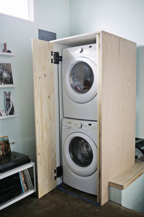 Hidden Washer and Dryer Cabinet - A Beautiful Mess Washer Dryer Closet, Dryer Cabinet, Washer Dryer Kitchen, Ikea Laundry, Outdoor Laundry Rooms, Portable Washer And Dryer, Happy Hollow, Kitchen Ikea, Stackable Washer And Dryer