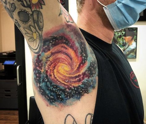 Cool Space Tattoos, Space Tattoo Ideas, Galaxy Tattoos, Hole Tattoo, Galaxy Tattoo Sleeve, Black Hole Tattoo, Hamsa Tattoo Design, Space Tattoos, Elbow Tattoo