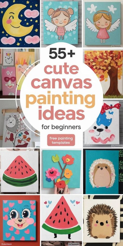 Collage of beginner-friendly cute canvas painting ideas including angel, moon, watermelon, dog, and hedgehog designs. Canvas Kids Art Ideas, Easy Kids Canvas Painting Ideas, Disney Watercolor Paintings Easy, Easy Kids Painting Ideas On Canvas, Easy Kid Painting Ideas, Easy Kids Painting Ideas, Painting Ideas On Canvas For Kids, Painting Ideas On Canvas Step By Step, Cute Pictures To Paint