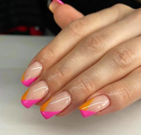 Gel French Tip Nails Colour, Color French Nails Summer Short, Two Different Color French Tip Nails, Colorful French Manicure Designs, Tropical French Manicure, Neon French Manicure Short Nails, Summer Nails Tips Designs, Coral Nail Tips, Colorful Nail Tips French