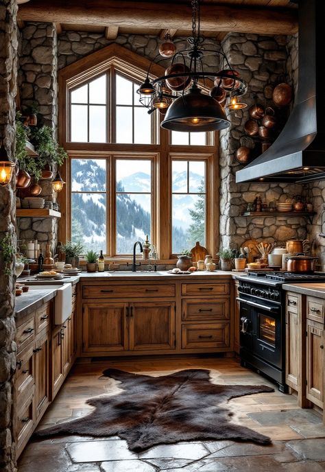 Rustic Kitchen Mountain Lodge Kitchen, Cabin Interiors Kitchen, Airbnb Styling, Mountain Cabin Kitchen, Cabin Kitchens Rustic, Reclaimed Wood Island, Cozy Cabin Kitchen, Rustic Cabin Kitchen, Mountain House Kitchen