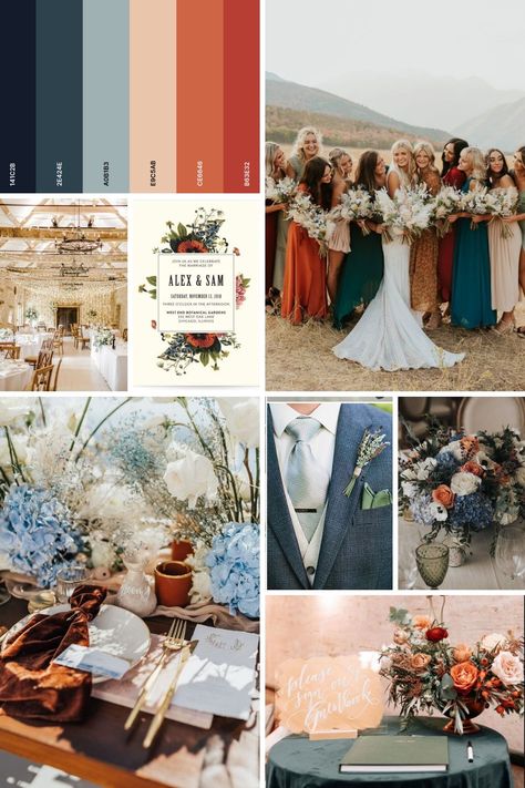 Fall Wedding With Dusty Blue, Terracotta Green And Blue Wedding, Fall Wedding Colors Navy And Rust, November Blue Wedding, Steel Blue And Copper Wedding, Wedding Color Schemes With Navy Blue, Rustic Fall Wedding Colors Colour Palettes, Fall Wedding Color Schemes Blue, Summer/fall Wedding Colors