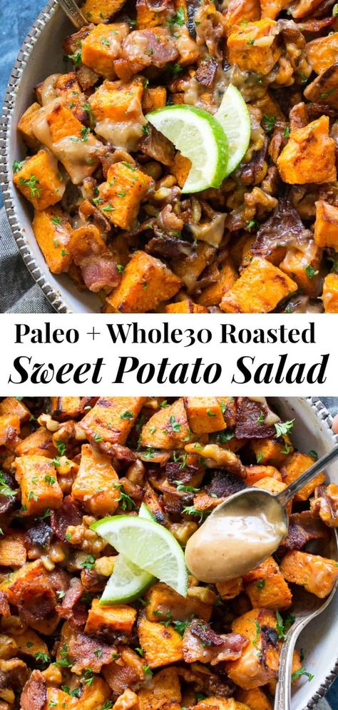 This roasted sweet potato salad is packed with crispy bacon and toasted walnuts, then tossed in a date-sweetened lime vinaigrette.  Paleo and Whole30 friendly, dairy free and easy to make, it's the perfect healthy sweet and savory side dish for your picnic, barbecue, or everyday meal. #whole30 #paleo #sweetpotatoes #cleaneating #bacon Paleo Side Dishes Vegetables, Paleo Sides Dishes, Sweet Potato Whole 30, Paleo Potato Salad, Sweet Potato Paleo, Roasted Sweet Potato Salad, Potato Salad With Bacon, Sweet Potato Bacon, Sweet Potato Salad Recipe