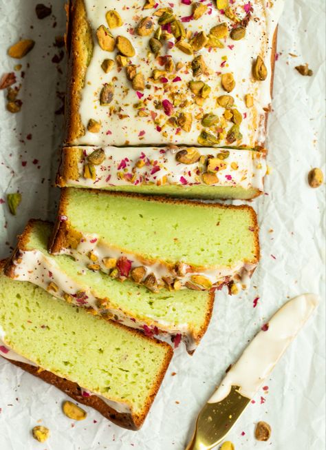 Gluten-free pistachio pudding loaf with cream cheese frosting, toasted pistachios, and dried rose petals! Pistachio Bread, Pistachio Dessert, Pistachio Pudding, Gluten Free Cake, Loaf Recipes, Gf Desserts, Pudding Desserts, Bakery Bread, Gluten Free Treats