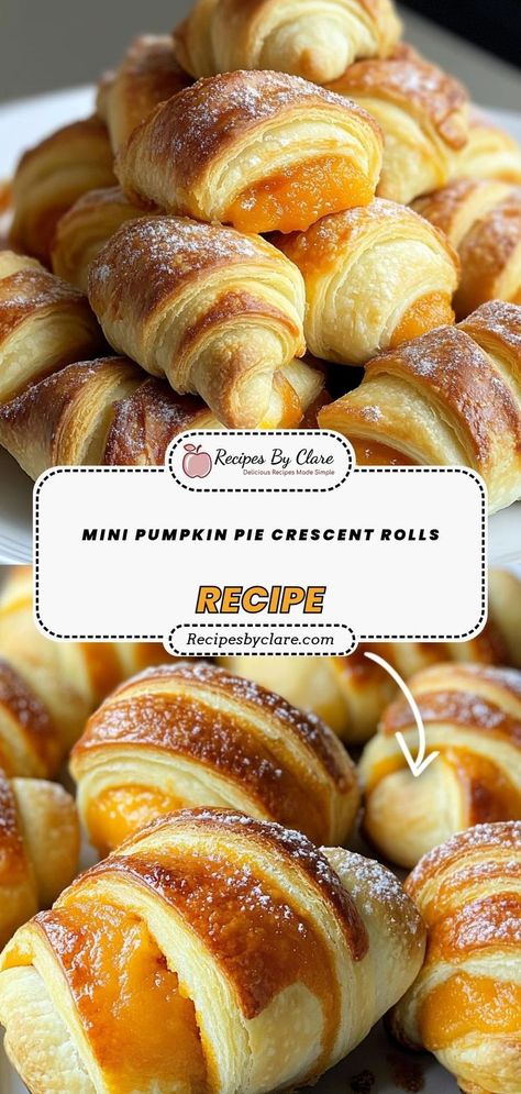 Savor the festive flavors of fall with these Pumpkin Pie Crescent Rolls, featuring a smooth cream cheese and spiced pumpkin filling. They’re the ideal treat for autumn celebrations! Ingredients: 1 can (8 oz) crescent roll dough 1/4 cup cream cheese, softened 1/4 teaspoon ground nutmeg Powdered sugar (optional, for dusting) These crescent rolls are a delightful combination of flaky pastry and creamy, spiced filling—perfect for any fall occasion. Crescent Rolls With Cream Cheese, Rolls With Cream Cheese Filling, Mini Pumpkin Pie, Pumpkin Filling, Mini Pumpkin Pies, Crescent Roll Recipes, Roll Recipes, Crescent Roll Dough, Spiced Pumpkin