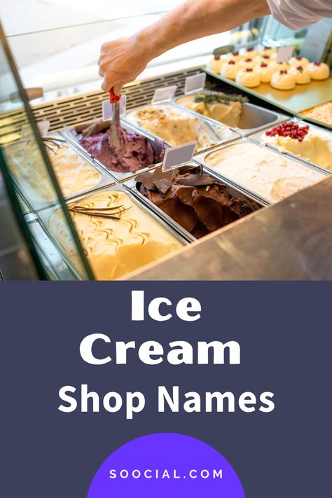 Ice Cream Business Names, Ice Cream Shop Names Ideas, Ice Cream Logo Branding, Ice Cream Shop Names, Ice Cream Names, Coffee Shop Names, Ice Cream Bread, Ice Creamery, Ice Cream Factory