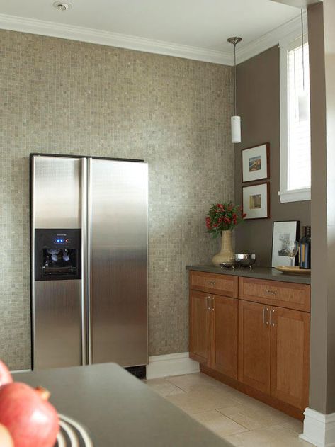 Recessed Fridge In Wall, Recessed Refrigerator, Recessed Fridge, Small U Shaped Kitchen, Tiled Kitchen, Wide Kitchen, Compact Kitchens, Fun Pendant, Landing Zone