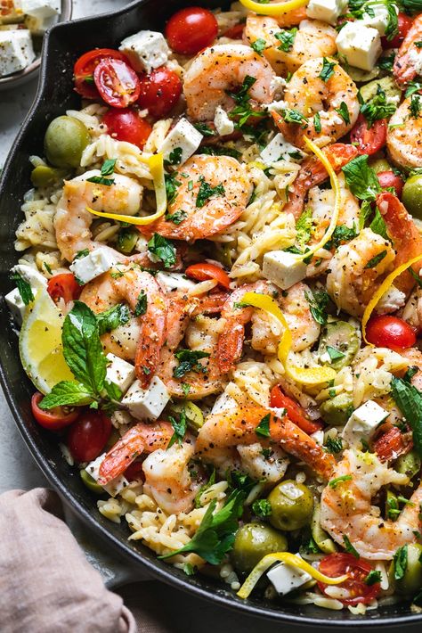 Orzo Mediterranean, Shrimp And Orzo, Mediterranean Shrimp, Shrimp Orzo, Garlicky Shrimp, Mediterranean Recipes Healthy, Mediterranean Diet Recipes Dinners, Easy Mediterranean Diet Recipes, Orzo Recipes