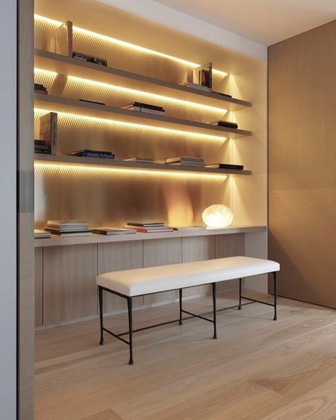 Use LED strip to light up your shelving. Floating Shelves With Lights, Bibliotheque Design, Joinery Details, Entertainment Wall, Shelf Lighting, Island Ideas, Wooden Floor, Wooden Projects, Design Del Prodotto