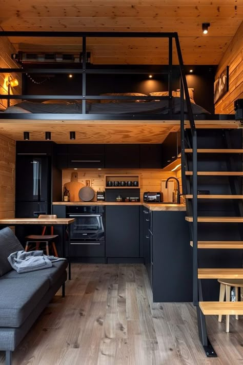 Loft Ideas For Small Rooms, Micro Loft Apartment, Industrial Tiny House Interiors, Mezanine Idea Small House, Mezanine Interior Design, Tiny House With Mezzanine, Tiny Houses Interior, Tiny Home With Loft Bed, Small Loft Design