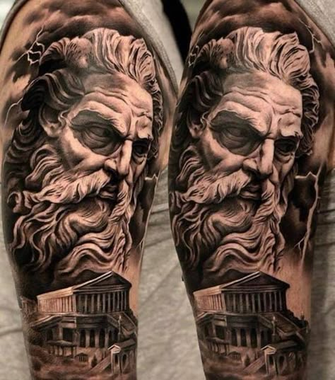 Zeus Tattoos: Meanings, Tattoo Designs & Ideas Hercules Tattoo, Poseidon Tattoo, Zeus Tattoo, Statue Tattoo, Greek Mythology Tattoos, God Tattoos, Mythology Tattoos, Geniale Tattoos, Chest Tattoo Men