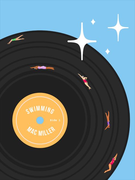 Poster of a record with the album Swimming by Mac Miller. Made on Canva- sold on redbubble as a sticker or poster! Mac Miller Painting, Vinyl Sticker Design, Mac Miller, Mini Canvas Art, Mini Canvas, Journal Gift, The Album, Mask For Kids, Gifts For Teens