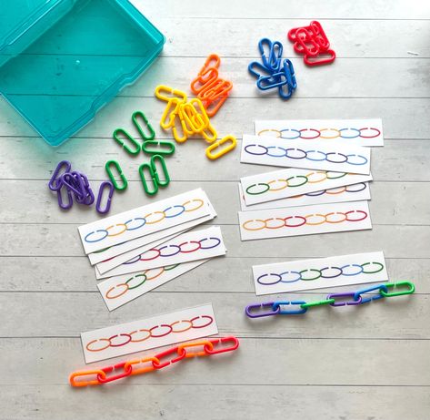 Colored Link Patterns Task Box Activity Set WHAT IS INCLUDED? 12 laminated pattern cards 36 plastic links (6 of each color) 1 plastic box (color will vary) HOW DO YOU USE IT? Create colorful patterns by creating chains using plastic links. WHO IS IT FOR? Parents, Teachers, Children, and Students!  Use these as quiet time activities, or work on them together. They can be great resources for learning centers or for early finishers.  Many Special Education teachers find these activities helpful to Cheap Task Boxes, Simple Put In Task Boxes, Play Doh Task Cards Free, Task Cards Preschool, Quiet Preschool Activities, Morning Busy Boxes Preschool, Teaching Patterns Preschool, Quiet Boxes For Preschoolers, Task Boxes For Special Education Free