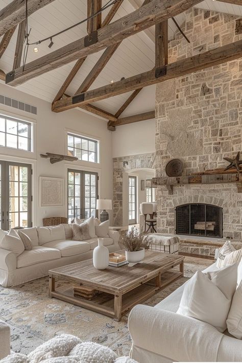 29 Barndominium Interior Ideas to Inspire Your Dream Home 25 Classical Home Interior Design, Interior Beam Ideas, Classic Farmhouse Style, Traditional Timeless Home, Houses With Character Interior, Stone House Interior Design, Farm Style House Interior, Traditional Living Room With Fireplace, Stone Home Interior