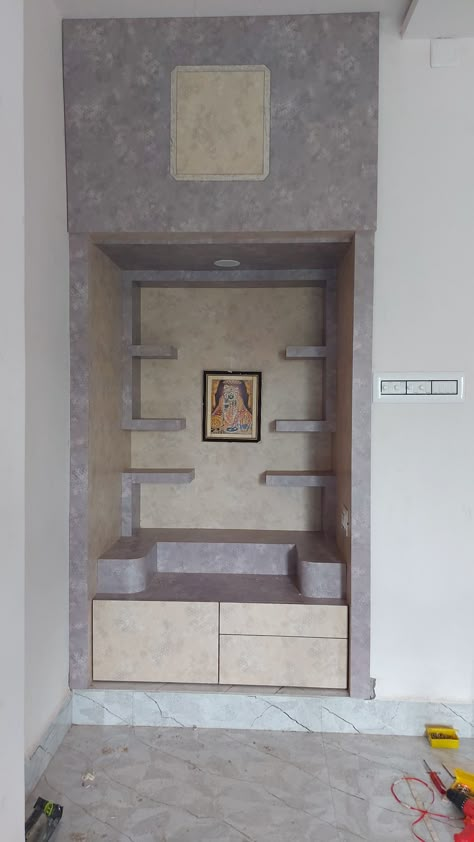 Stone Temple Design For Home, Diy Temple For Home, Small Puja Room Ideas, Small Pooja Room Ideas, Puja Room Design Indian, Tv Shelf Design, Mandir Ideas, Arch Designs For Hall, Pooja Room Ideas