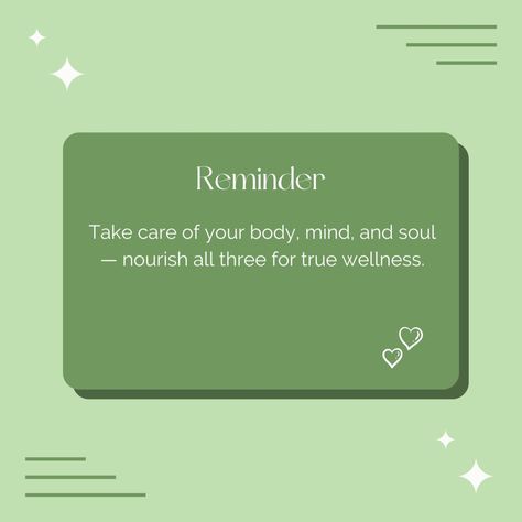 ✨ Gentle Reminder: Your health is your true wealth! ✨ It’s easy to get caught up in the hustle of life, but always remember to take a moment for self-care. 🧘‍♀️ True wellness isn’t just about your physical health—it’s about nourishing your body, mind, and soul. 🌿 Whether it’s through healthy eating, practicing mindfulness, or simply taking time to relax, taking care of all three is essential to live a balanced and fulfilling life. 💚 💡 Today’s Wellness Tips: 🌱 Body: Fuel your body with nut... Today Reminder, Practicing Mindfulness, Time To Relax, Take Care Of Your Body, Mind And Soul, Mindfulness Practice, Eat Healthy, Relax Time, Fulfilling Life