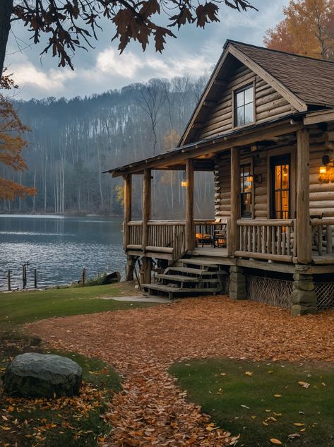 Lakeside Sunset Haven Log Cabin On Lake, Lake In The Mountains, Lake Cabin Exterior, Cabin By Lake, Lake House Aesthetic, Cabin On Lake, Simple Cabin, Cozy Cabin In The Woods, Futuristic House