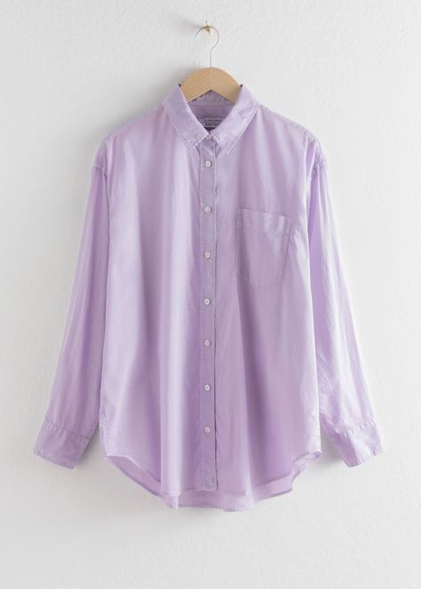 Oversized Organic Cotton Button Up Shirt | & Other Stories #andotherstories #fashion #shirts Lilac Color Dress, Lilac Shirt, Oversized Button Up Shirt, Purple Wrap Dress, Lilac Blouse, Green Trousers, Shirt Tucked In, Smock Top, Purple T Shirts