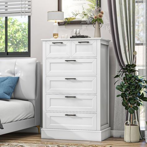 PRICES MAY VARY. Spacious Storage: 28.7”W x 15.7”D x 47.2”H. The wooden white dresser features 6 deep drawers (22.4”W x 12.4”D x 5”H) for ample storage space. Perfect for clothes, stocking, blankets, toys and more. Elegant Design: The minimalist, pure white finish of the chest of drawer complements any decor, making it a versatile addition to bedrooms, living rooms, entryway and hallways. Modern farmhouse style fits any room decor. Sturdy Construction: Crafted from durable MDF wood, each drawer Tall Dresser Decor Bedroom, Bedroom White Dresser, White Dresser Decor, Tall Dresser Decor, Modern White Dresser, Living Room Chest Of Drawers, Room Chest Of Drawers, Dresser With Storage, Tall White Dresser