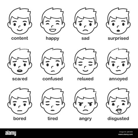 cartoon-boy-face-with-different-emotions-facial-expressions-of-feelings-and-mental-states-cute-and-simple-vector-illustration-set Cartoon Face Expressions Illustration, Happy Face Cartoon, Drawing Of People, People Emotions, Comic Expressions, Simple Comic, Cartoon Faces Expressions, Facial Expressions Drawing, Emotion Faces