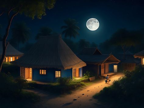 A Moon Night Village View Illustration#pikbest##Backgrounds Night Village, View Illustration, Moon Cartoon, Night Sky Moon, Ramadan Poster, Star Tree, Night Background, Blue Mosque, Sky Moon