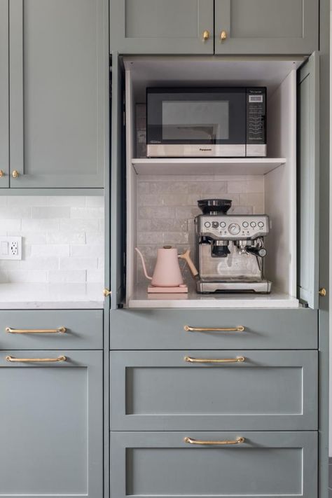 A Dramatic Kitchen Design Updates a Historic Home With Fresh, Contemporary Details | HGTV Tea Coffee Station Kitchen, Espresso Machine Kitchen, Dramatic Kitchen, Home Coffee Station, Breville Espresso Machine, Coffee Machine Kitchen, Breville Espresso, Retro Style Kitchen, Home Barista