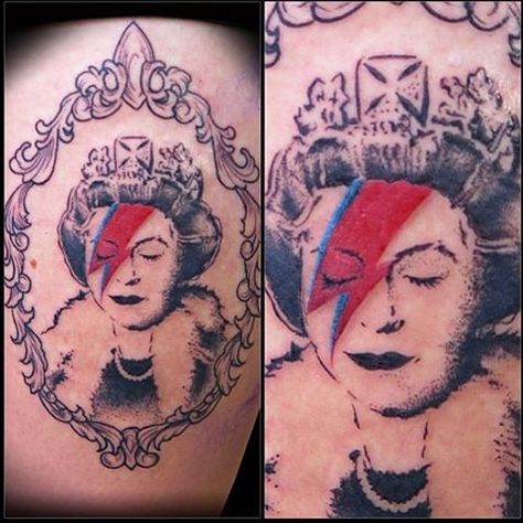 Adaptation of @banksy's Queen Elizabeth II as #AlladinSane by Kylie Gibson  @kyliegibsontattoos Victoria BC Canada • kyliegibsontattoos@gmail.com Queen Elizabeth Tattoo, Queen Tattoos, Victoria Bc Canada, Queen Tattoo, Facial Tattoos, Ziggy Stardust, Victoria Bc, Bc Canada, Queen Elizabeth Ii