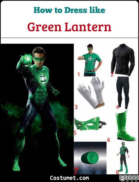 Green Lantern costume is composed of a logo-printed shirt over a long sleeved black top and black tights. It also has white quarter gloves, a green mask, and green boots. Wear a green ring to complete the costume.           #DC #male #movies #superhero #comics #DC #RyanReynolds Green Lantern Cosplay, Green Lantern Costume, Lantern Costume, Future Costume, Lantern Dress, Green Mask, Green Lantern Corps, Costume For Halloween, Green Boots