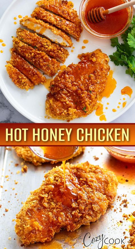 This Hot Honey Chicken is oven baked to crispy perfection and drizzled with sweet and spicy Hot Honey Sauce! This is an easy dinner idea for kids and adults and pair well with rice! Dinner Idea For Kids, Honey Chicken Breast, Hot Honey Sauce, Hot Honey Recipe, Honey Baked Chicken, Hot Honey Chicken, Honey Chicken Recipe, Cozy Cook, Simple Cookie