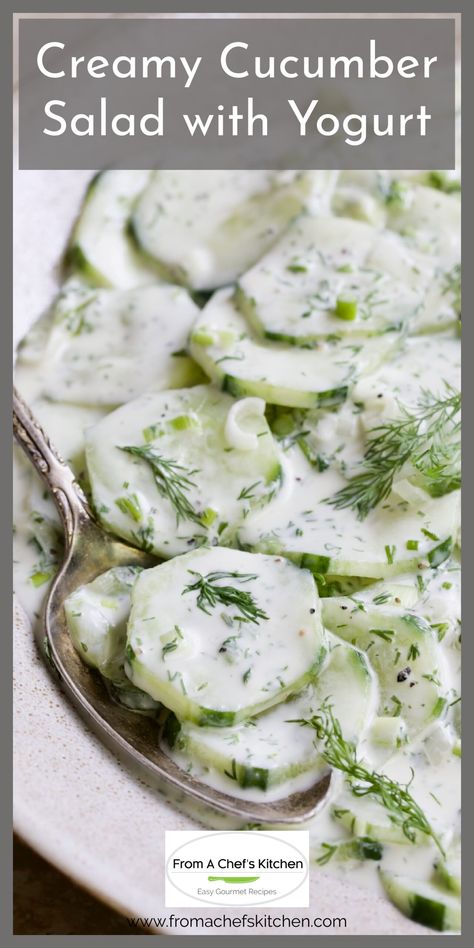 This Creamy Cucumber Salad recipe is a delicious contemporary version of the sour cream-based cucumber salad of Poland and Eastern Europe. Greek yogurt makes it healthier and ranch dressing takes it to another flavor level! Greek Yogurt Cucumber Salad, Cucumber Salad With Yogurt, Cucumber Yogurt Salad, Greek Yogurt Ranch Dressing, Greek Vegetables, Cucumber Pasta Salad, Yogurt Ranch, Yogurt Ranch Dressing, Greek Yogurt Ranch