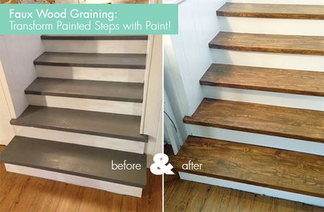 Paint Stairs To Look Like Wood, Painted Wood Stairs, Oak Stair Treads, Painted Steps, Stairs Basement, Wood Painting Techniques, Faux Wood Paint, Redo Stairs, Basement Staircase