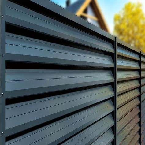 Galvanized Metal Fence, Horizontal Fence Ideas, Modern Wood Fence, Diy Backyard Fence, Metal Fencing, Metal Fence Panels, Louvered Shutters, Balcony Railing Design, Garden Diary